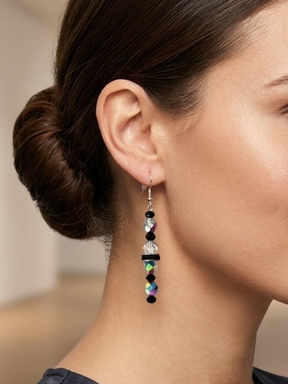 Crystal and Black Bead Pierced Earrings